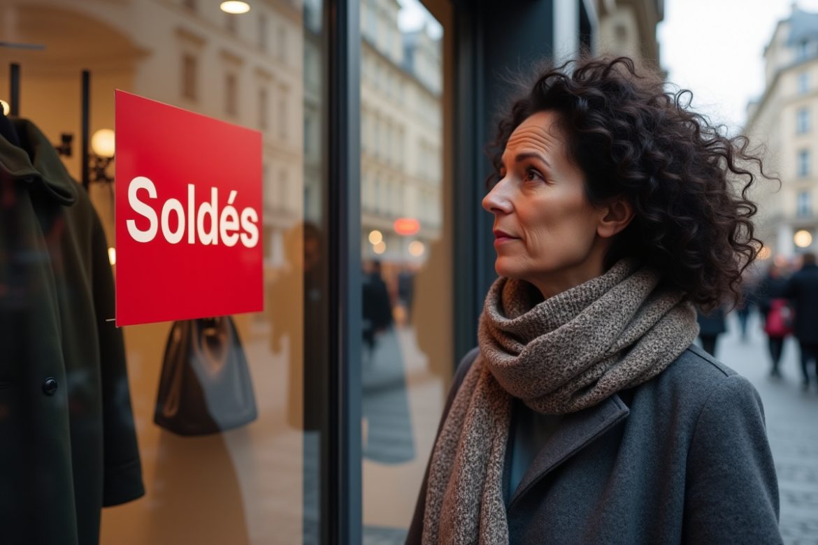 Femme examinant un panneau soldes dans une boutique moderne