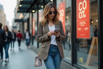 Femme en blazer regardant son smartphone dans une rue commerçante