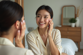 Femme appliquant une creme visage dans une chambre moderne
