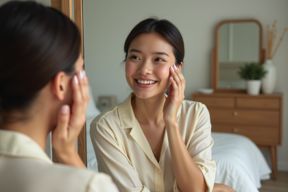 Femme appliquant une creme visage dans une chambre moderne