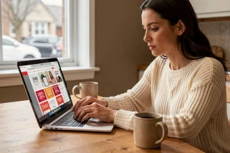 Femme faisant ses achats en ligne lors des soldes françaises 2026 sur son ordinateur portable à la maison