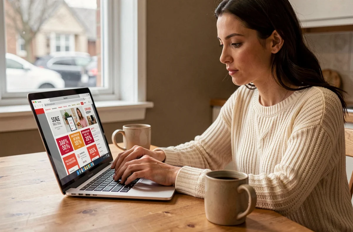 Femme faisant ses achats en ligne lors des soldes françaises 2026 sur son ordinateur portable à la maison