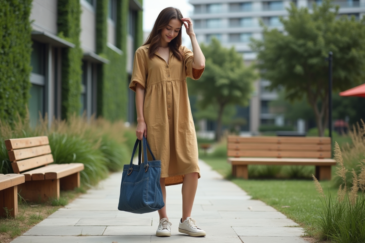 Femme en robe en lin ajustant un sac en denim recyclé dans un parc urbain