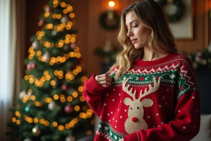 Femme tenant un pull de Noël rouge et vert devant elle pour vérifier la taille dans un salon décoré