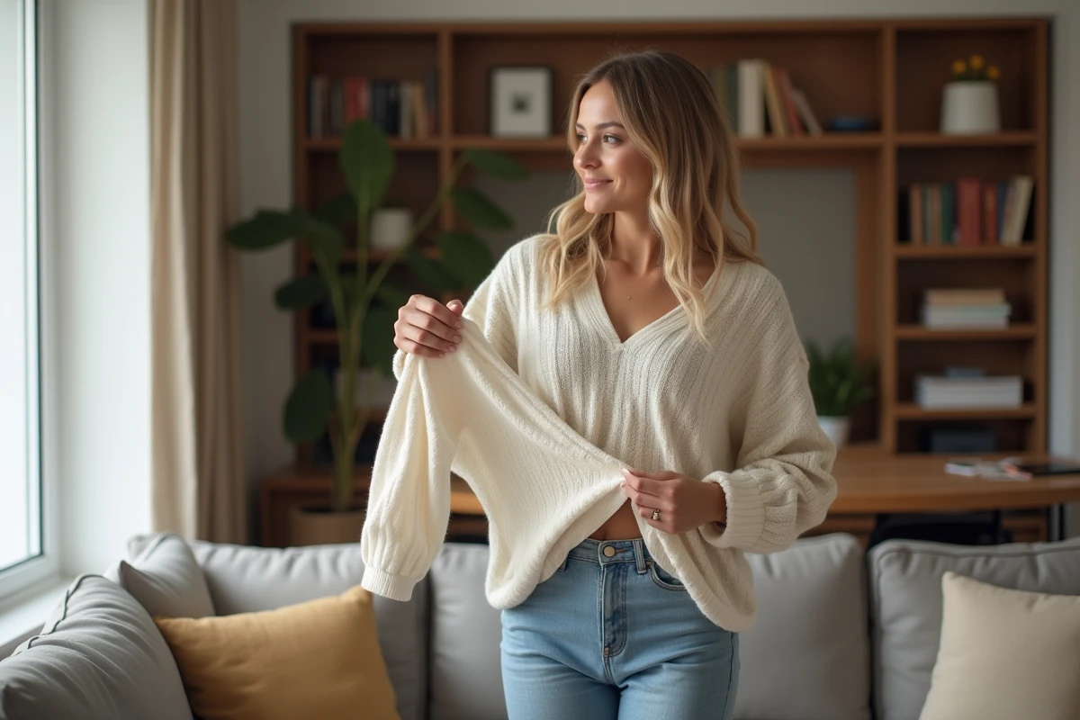 Femme dans son salon essayant une blouse neuve