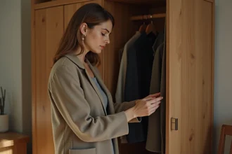 Femme inspectant un manteau en laine dans une chambre chaleureuse