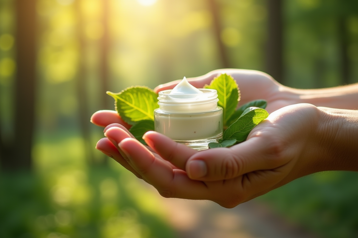 Mains tenant des feuilles vertes et un pot de crème de soin
