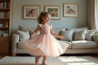 Jeune fille en robe de princesse tournant dans un salon chaleureux