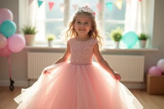 Jeune fille souriante en robe princesse pastel