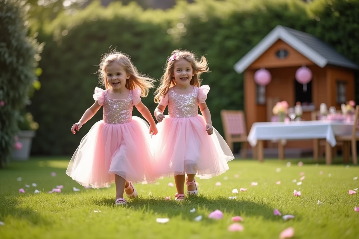 Deux filles en robes princesses jouent dans le jardin