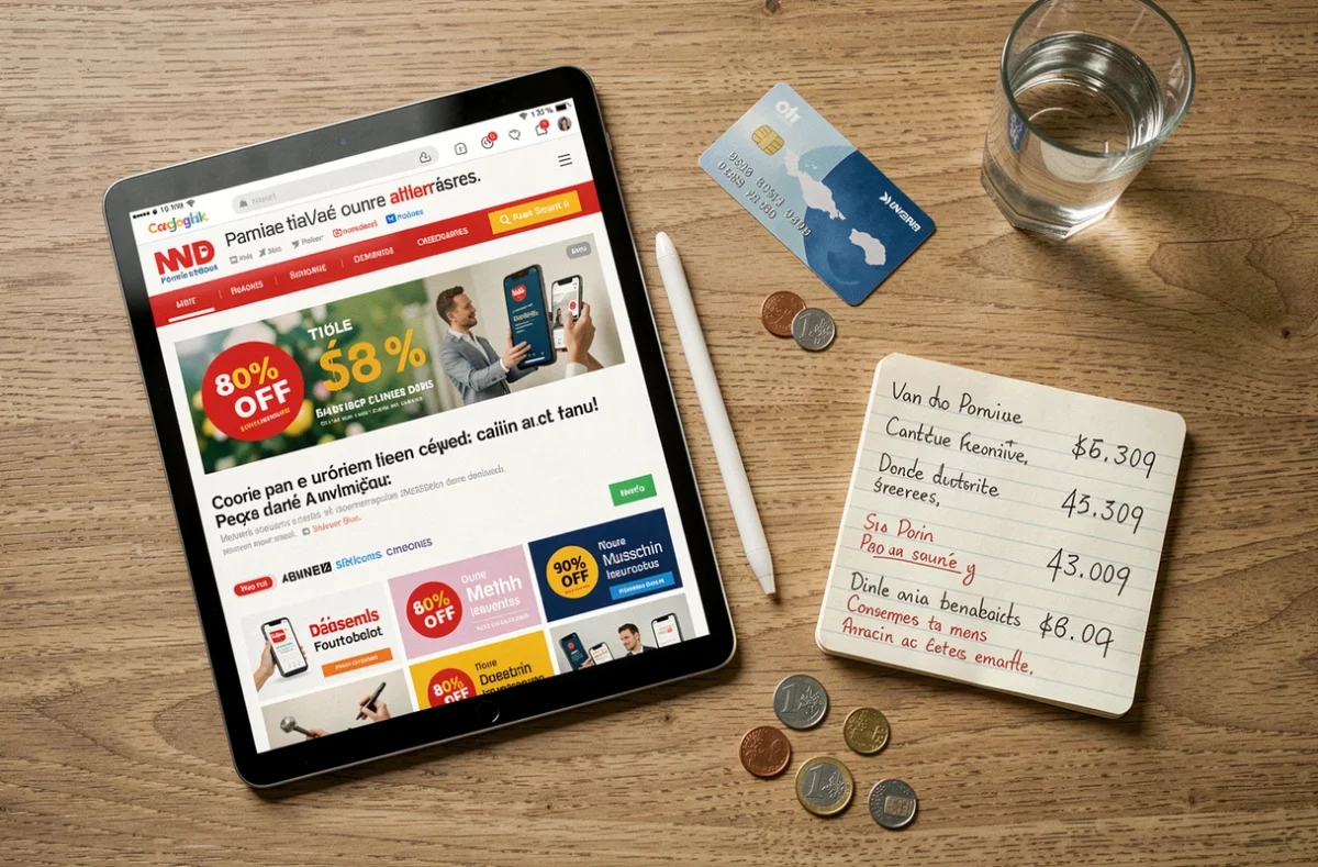 Flat-lay d'un bureau avec tablette affichant des promotions de soldes e-commerce en France