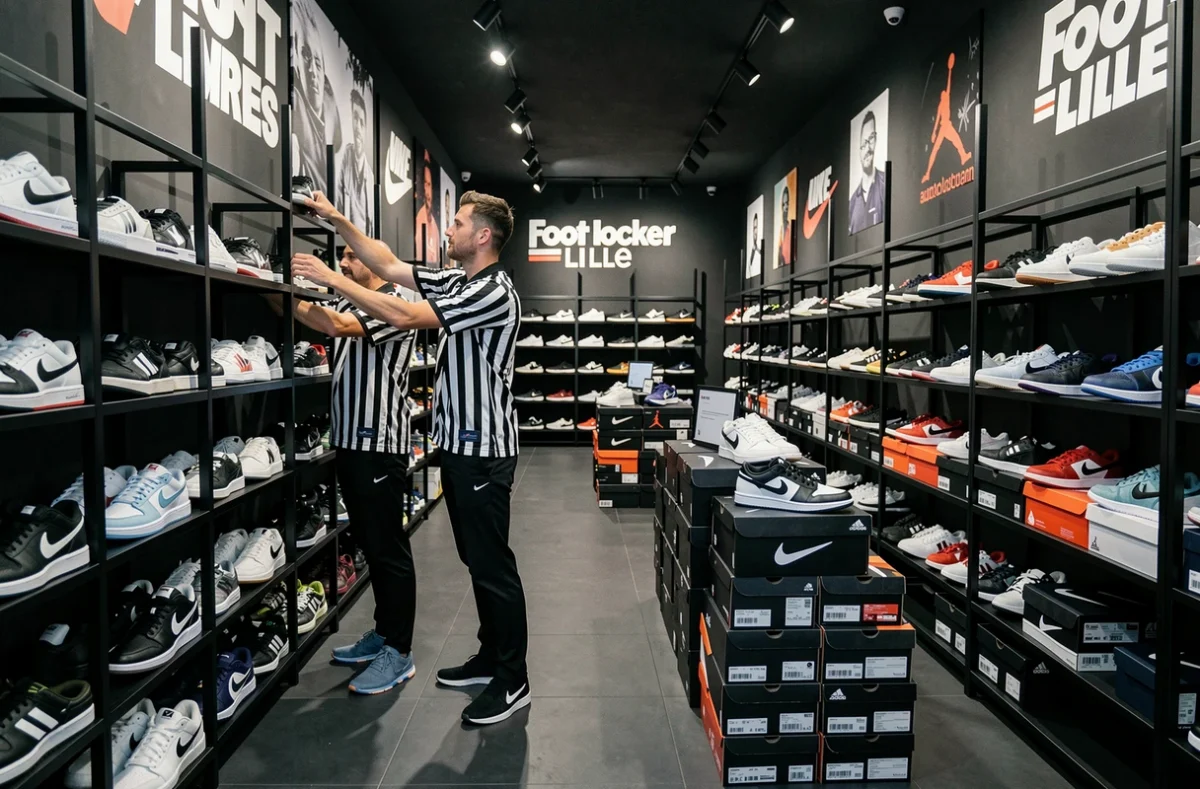 Intérieur du Foot Locker à Lille avec un employé en tenue rayée rangeant des sneakers sur des étagères