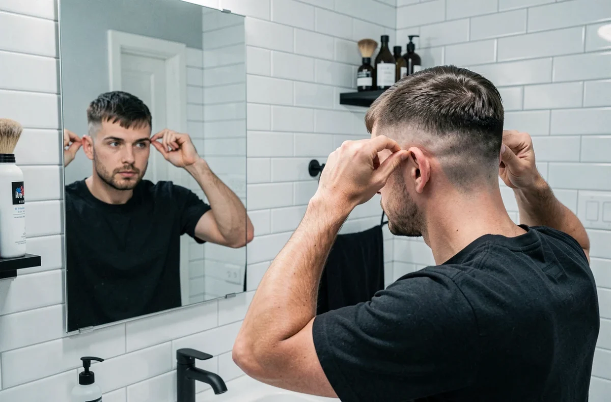 Jeune homme aux cheveux fins et épi coiffé en French Crop devant un miroir de salle de bain contemporaine