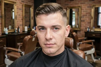 Homme aux cheveux fins avec un French Crop précis assis dans un fauteuil de barbier dans un salon moderne