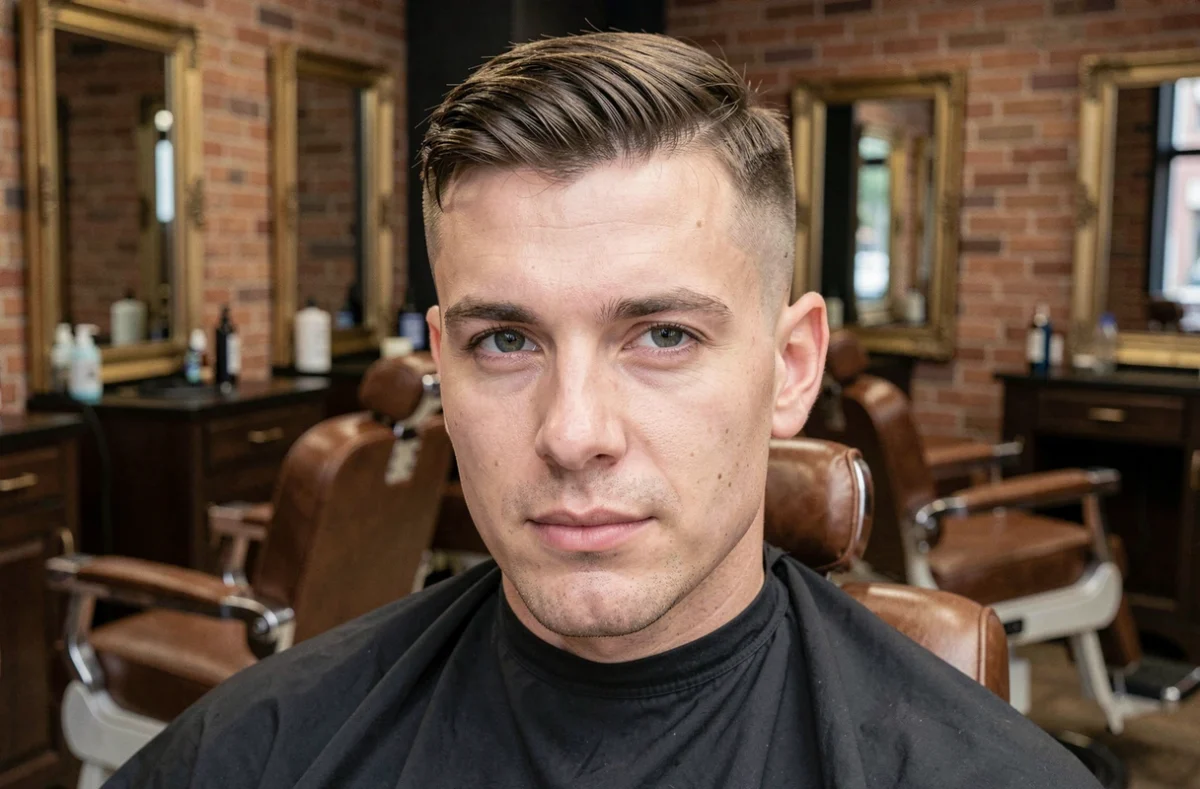 Homme aux cheveux fins avec un French Crop précis assis dans un fauteuil de barbier dans un salon moderne