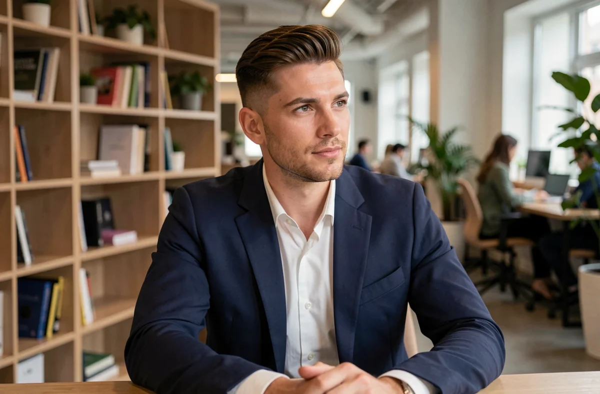 Homme professionnel aux cheveux fins coiffé en French Crop dans un espace de coworking moderne