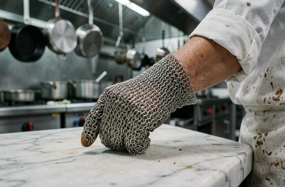 Gant de protection en cotte de mailles acier inoxydable porté par un chef cuisinier professionnel en cuisine