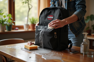 Sac Eastpak usé avec taches et zip grinçant sur fond neutre