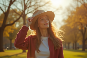 Chapeau solidement fixé sur la tête lors d'une promenade venteuse