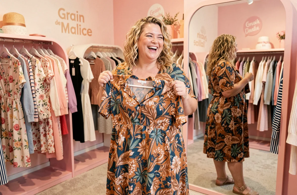 Une femme souriante essayant une tenue colorée grande taille dans le magasin Grain de Malice à Wasquehal