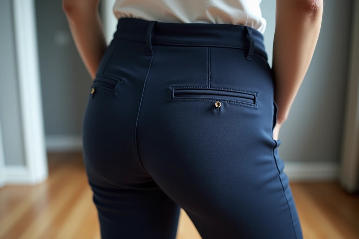Gros plan sur la ceinture d'un pantalon ajusté avec épingle de tailleur et clip de réglage sur tissu bleu marine