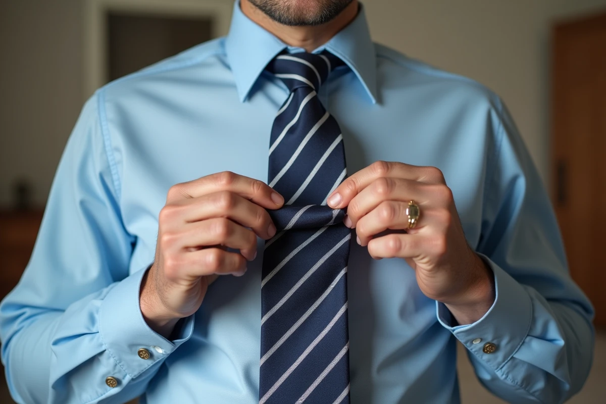 Gros plan sur des mains masculines réalisant un nœud de cravate double avec une cravate large à rayures en soie