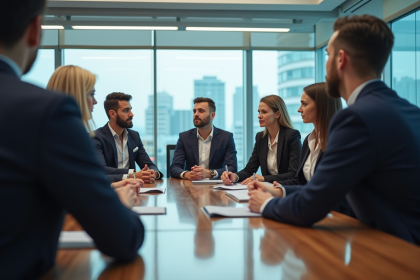 Groupe de collaborateurs en réunion dans un bureau moderne