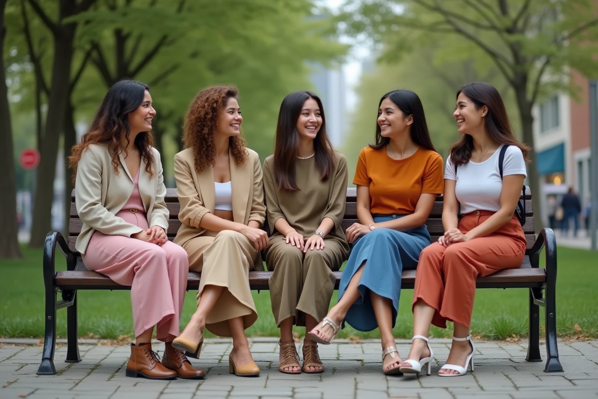 Groupe de femmes discutant en culottes dans un parc urbain