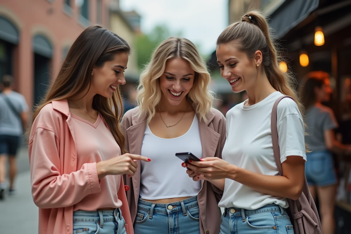 Groupe de femmes discutant de la qualité et du rapport qualité-prix de vêtements de sport abordables dans un marché urbain