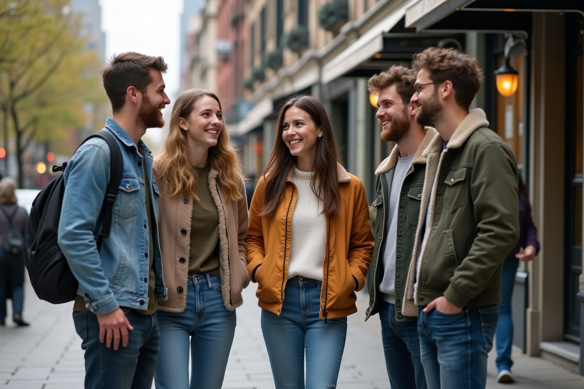 Groupe de jeunes en streetwear discutant en ville