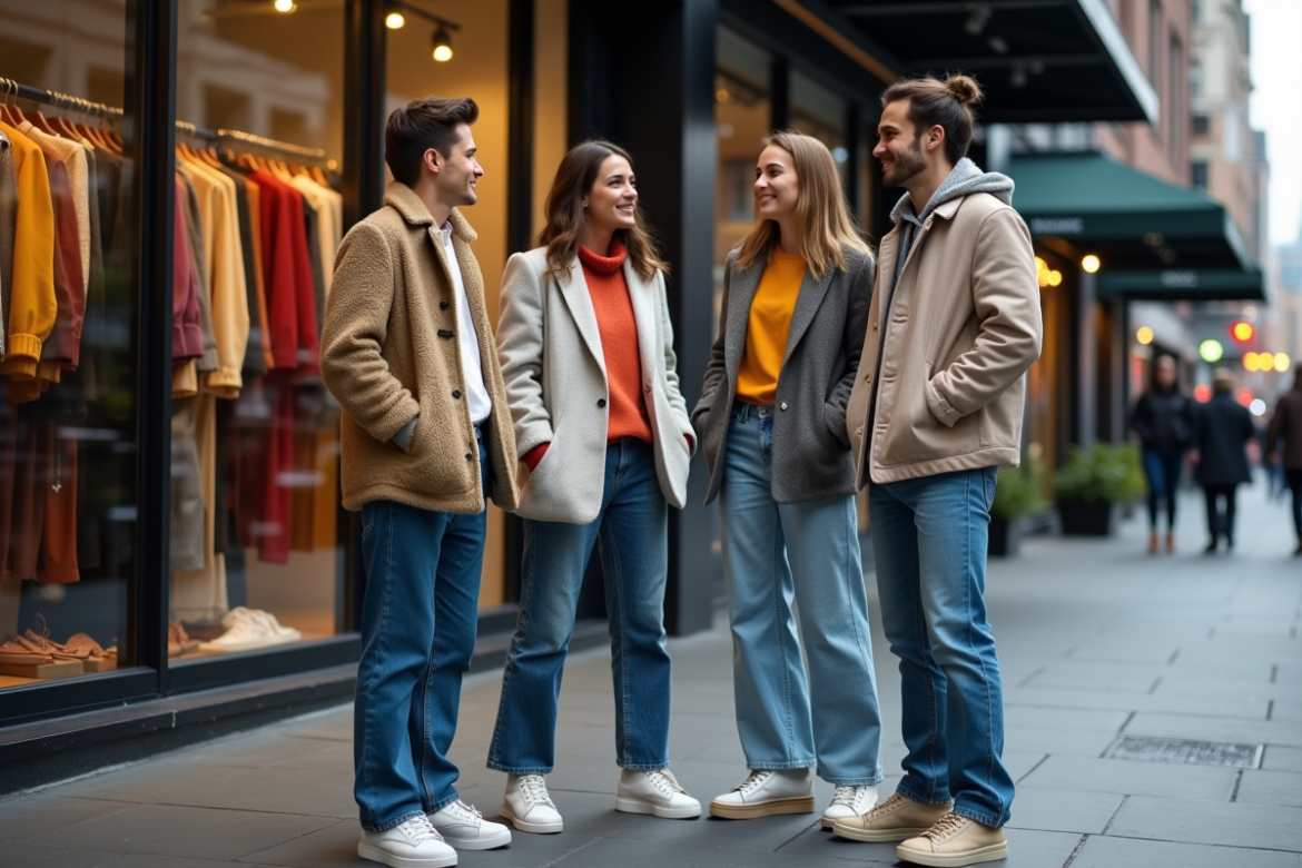 Groupe de jeunes femmes et hommes en mode tendance devant une boutique urbaine