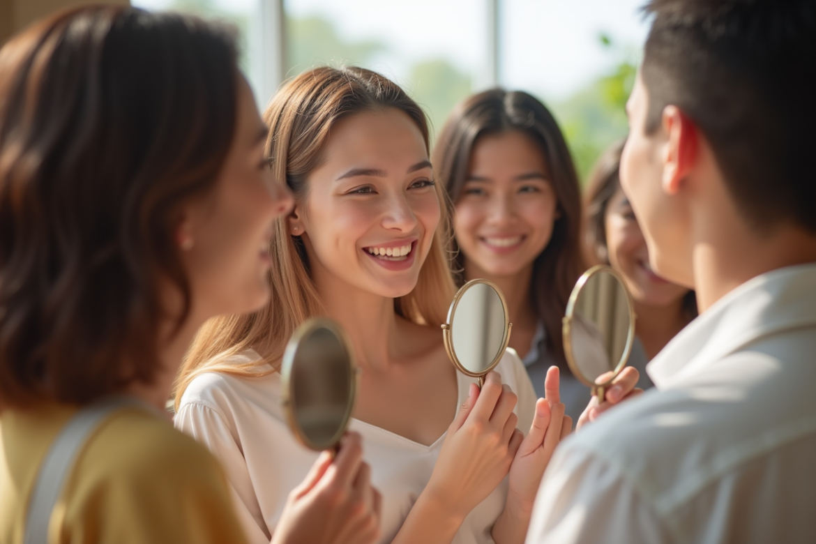 Groupe divers de personnes se regardant dans un miroir naturel