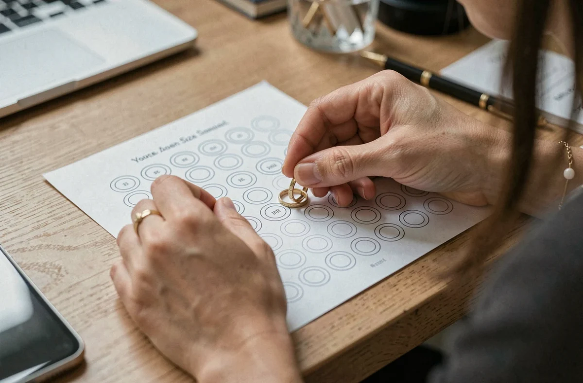 Femme utilisant un guide de tailles imprimé pour mesurer le diamètre d'une bague à la maison