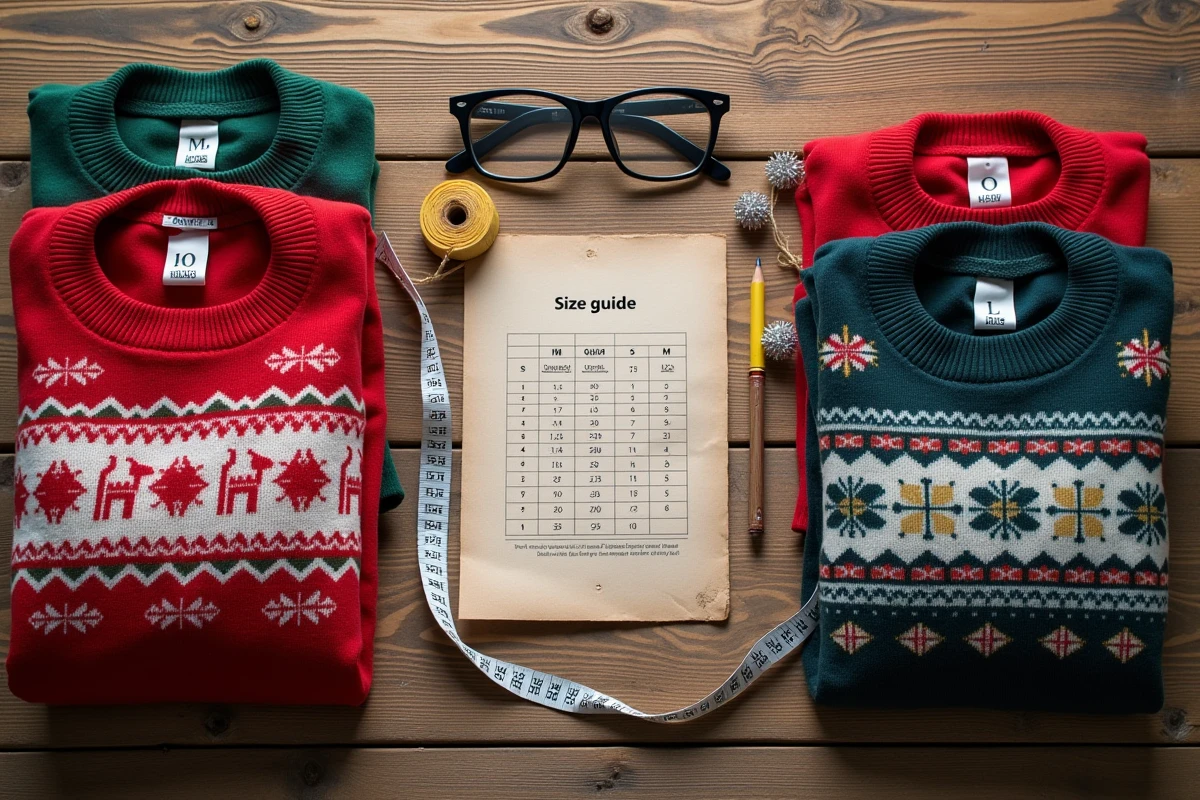 Vue de dessus de trois pulls de Noël en différentes tailles avec un guide des tailles et un mètre ruban sur une table en bois