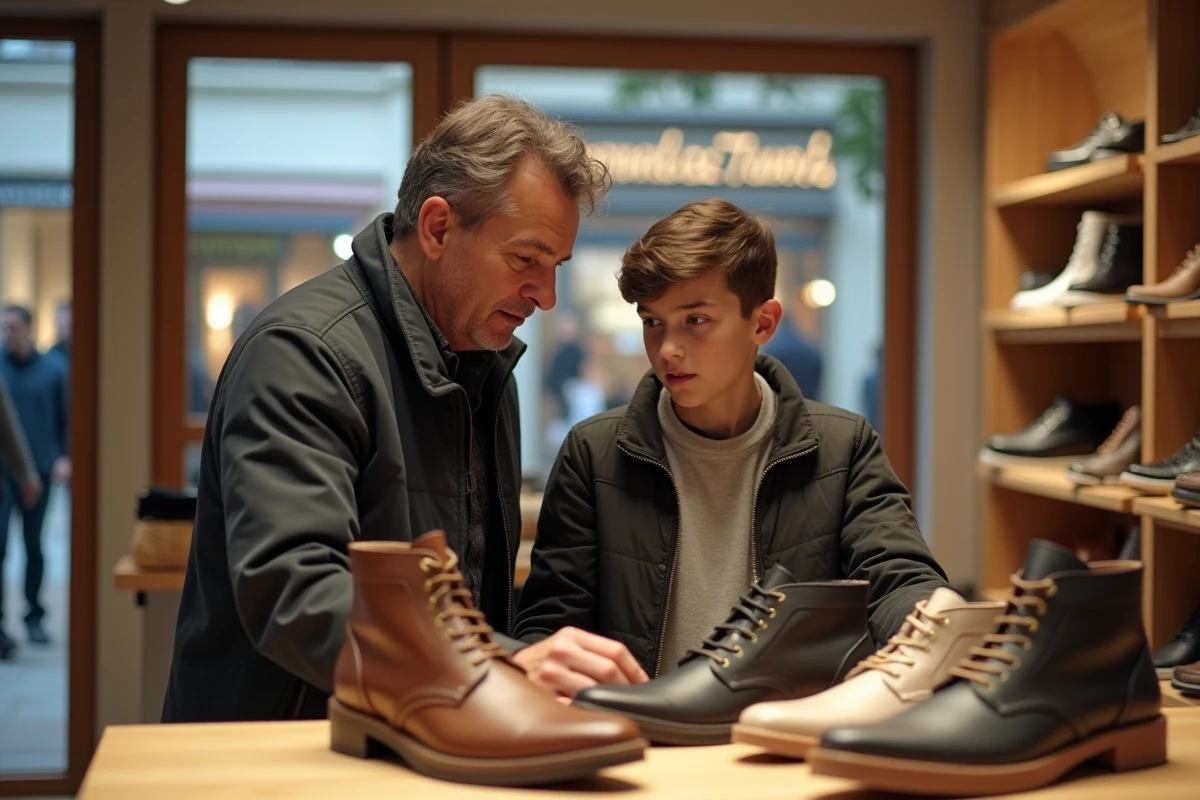 Homme et adolescent discutant devant des chaussures en magasin