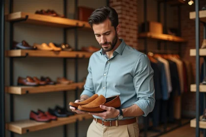 Homme élégant inspectant des babouches en cuir dans une boutique