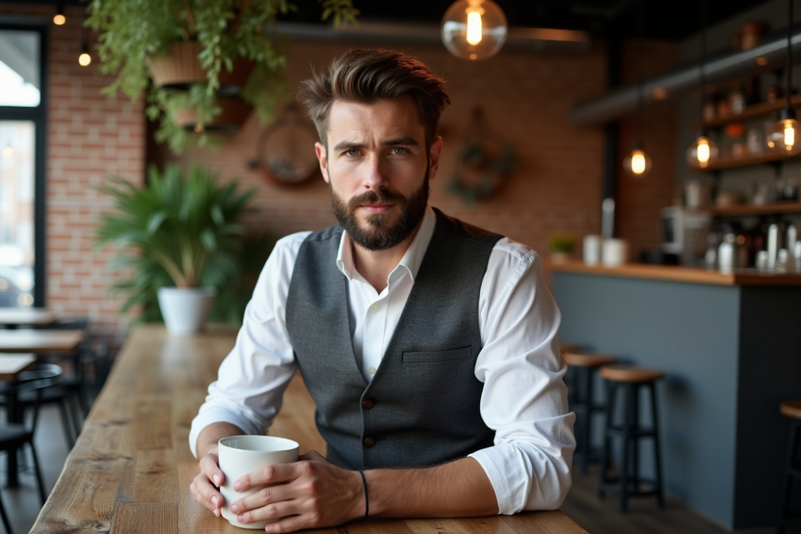 Homme barbu en chemise blanche et gilet dans un café industriel