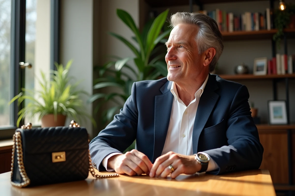 Homme assis avec sac à main dans un café moderne