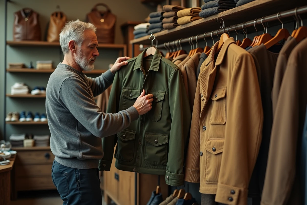 Homme comparant deux vestes vintage dans une boutique de mode rétro, choisissant entre un blouson militaire et un blazer en velours côtelé