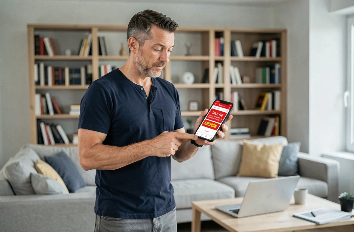 Homme comparant les prix des soldes 2026 sur son smartphone en France depuis son salon