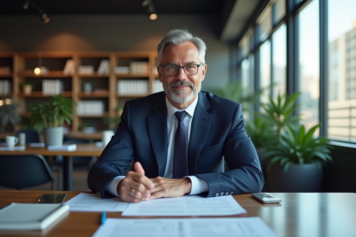 Homme en costume dans une salle de réunion professionnelle