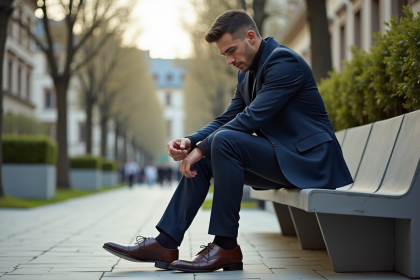 Homme élégant en costume navy ajustant ses chaussures en ville