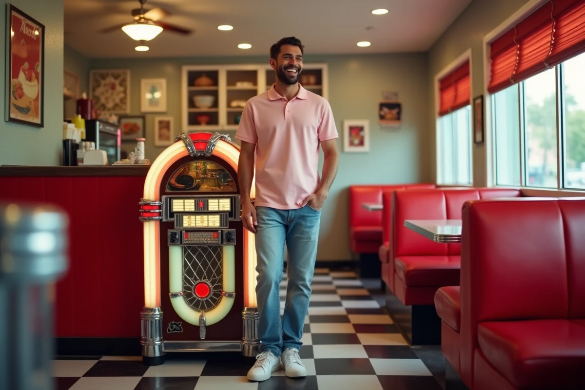 Homme souriant dans un diner rétro des années 80
