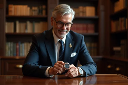 Homme en costume sophistiqué admirant une montre de luxe
