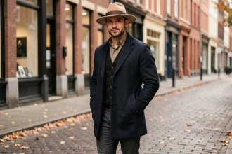 Homme élégant dans la trentaine portant un fedora camel avec un manteau en laine marine dans une rue pavée en automne