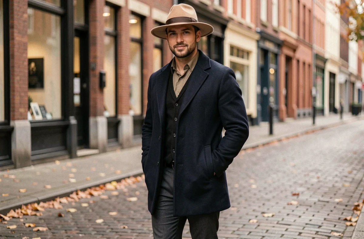 Homme élégant dans la trentaine portant un fedora camel avec un manteau en laine marine dans une rue pavée en automne
