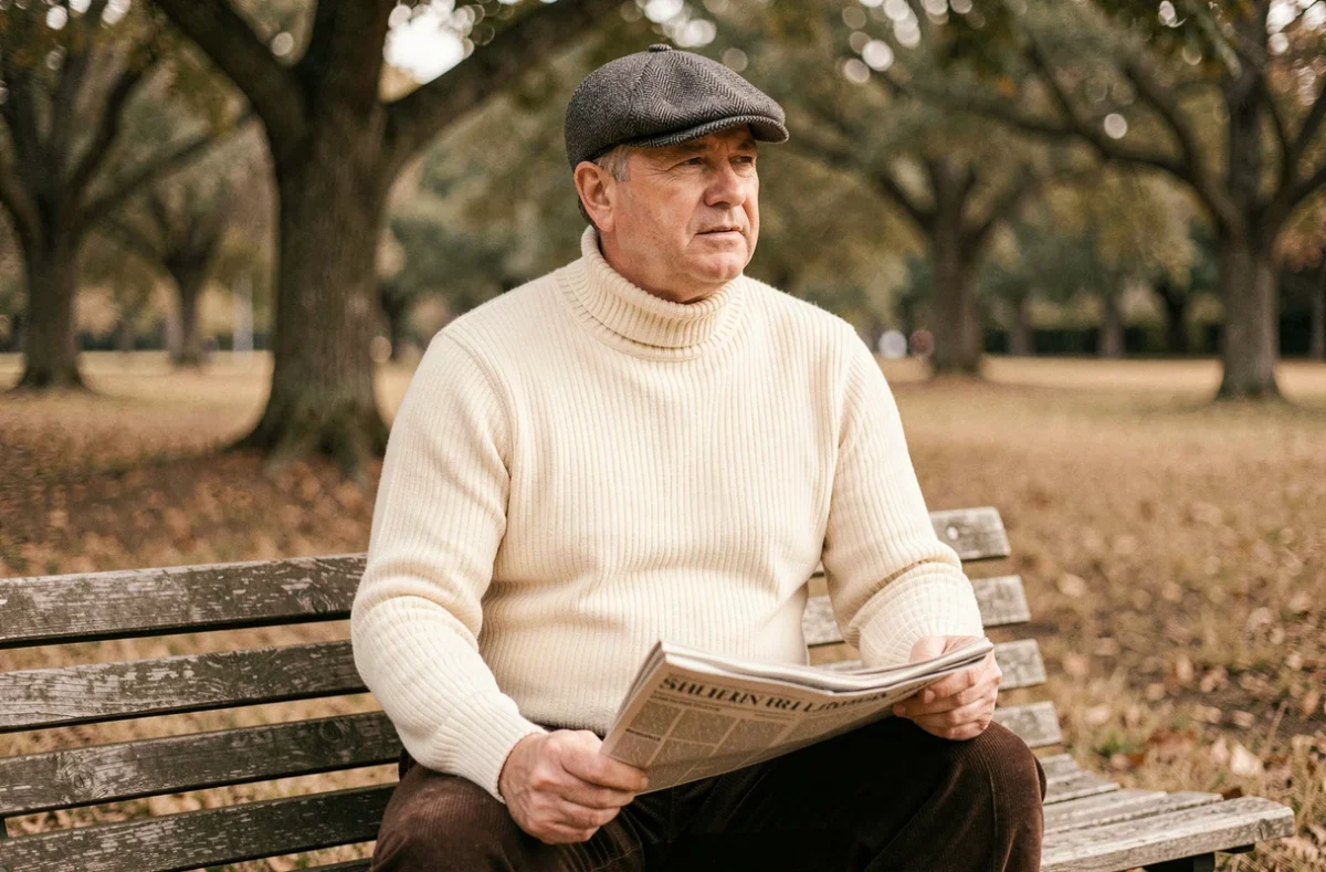 Homme distingué dans la cinquantaine portant une flat cap en chevron gris assis sur un banc de parc en automne