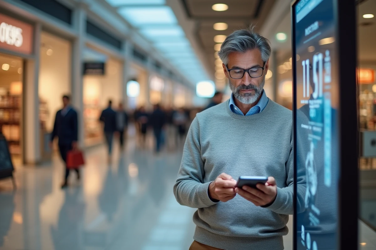 Homme en mall utilisant une application de tryon de lunettes sur un écran tactile