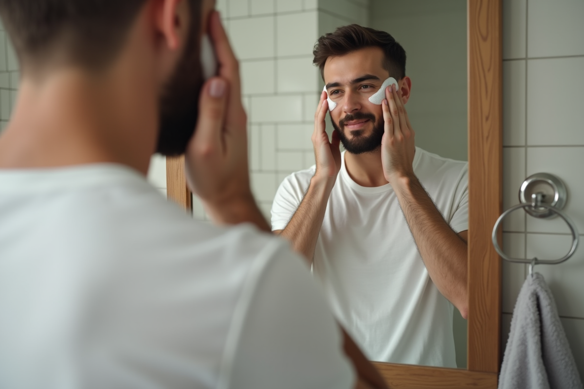 Homme se hydrate le visage dans sa salle de bain