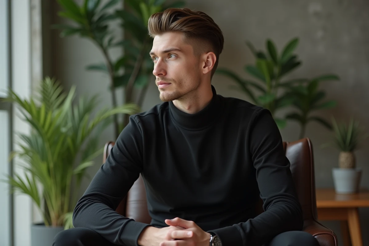Homme en turtleneck et cheveux mullet dans un loft moderne